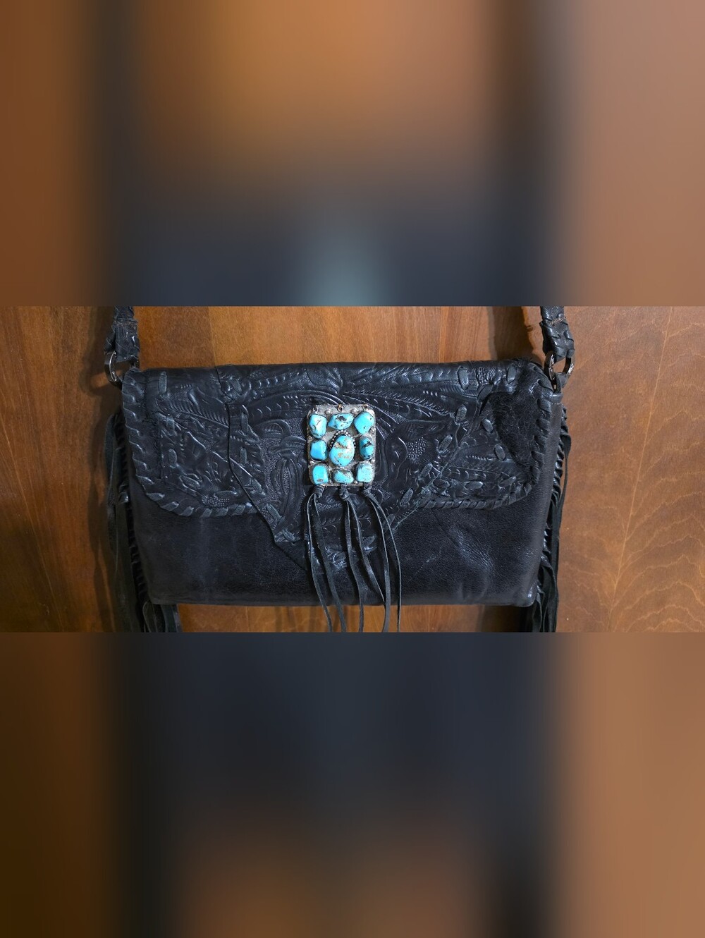 Kurtmen Designs Black Leather Crossbody/Clutch with Turquoise Stone Accent